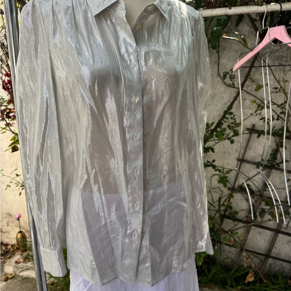 kate spade Shimmer Sheer Button-Down Blouse in Silver
